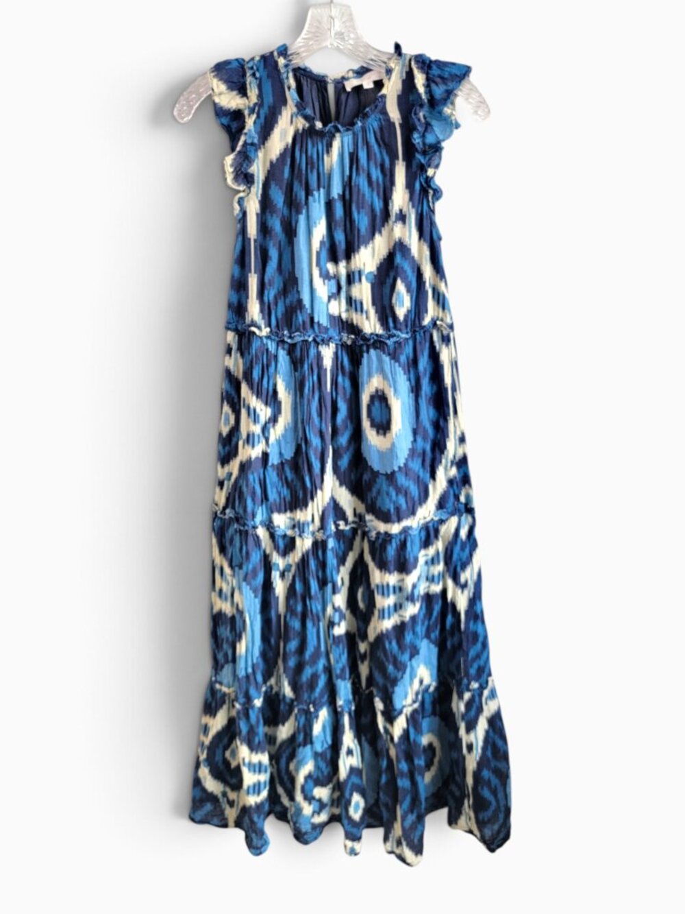 Caroline Constas S Blue Ikat Print Cotton Tiered Ruffle Maxi Dress Boho Pockets